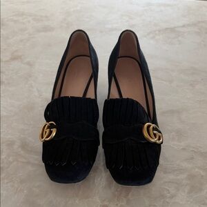 Gucci Black Suede Fringe Loafers with Gold GG Hardware